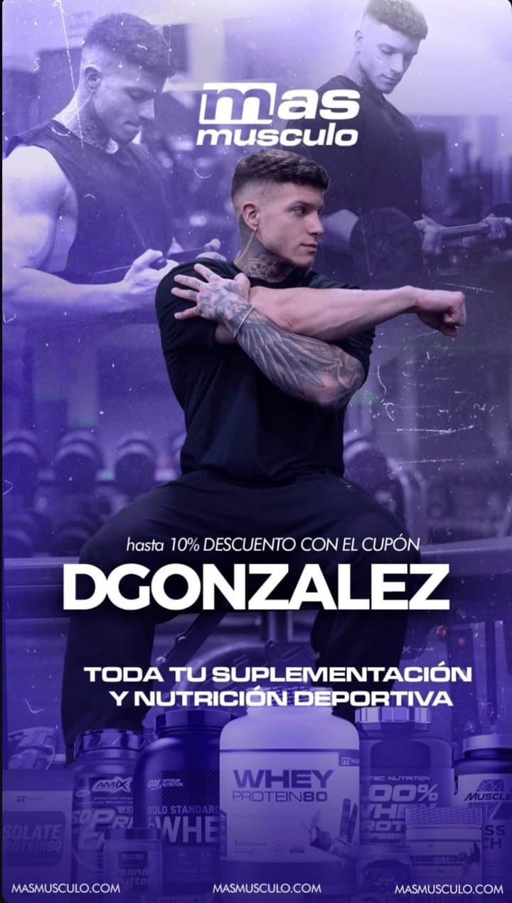 Cartel de Masmusculo: hasta 10% de descuento con el cupón DGONZALEZ en toda la suplementación y nutrición deportiva.